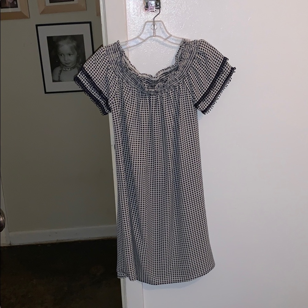 Checkered blue and white off the shoulder dress